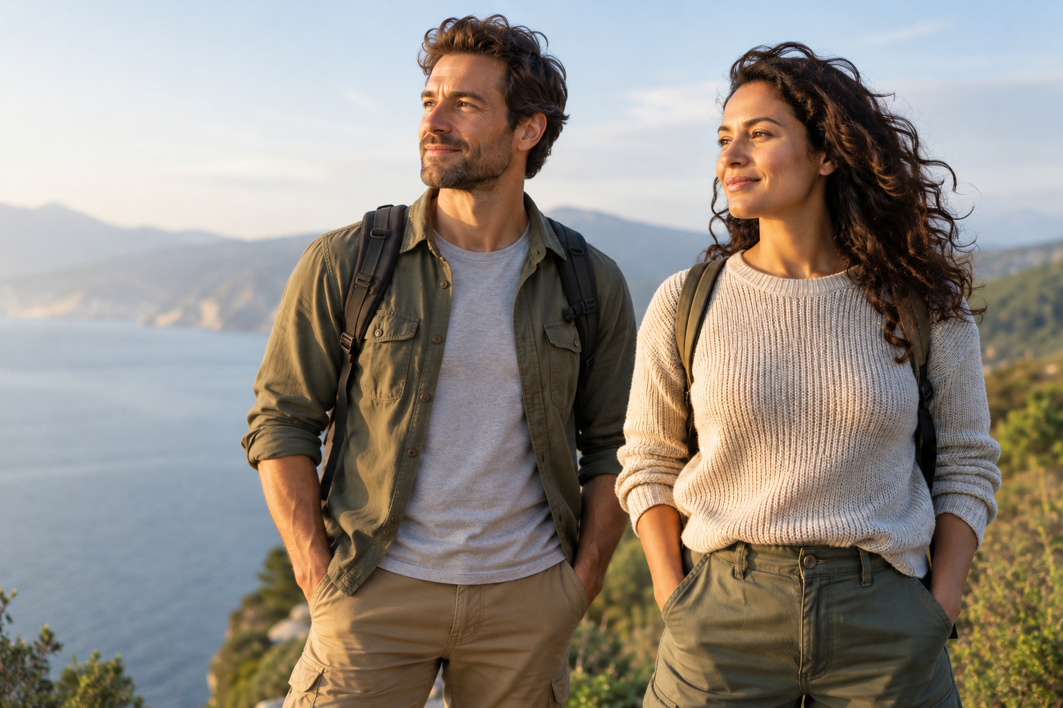 A man and woman looking toward the coast in warm natural light