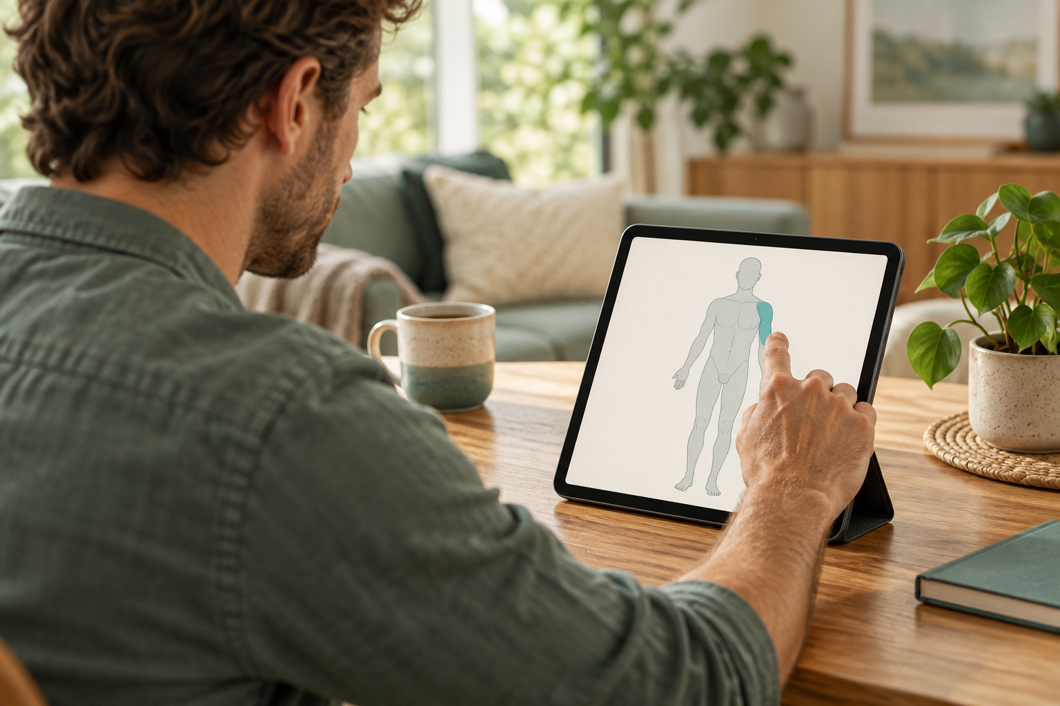 A man selecting a highlighted shoulder on a body map