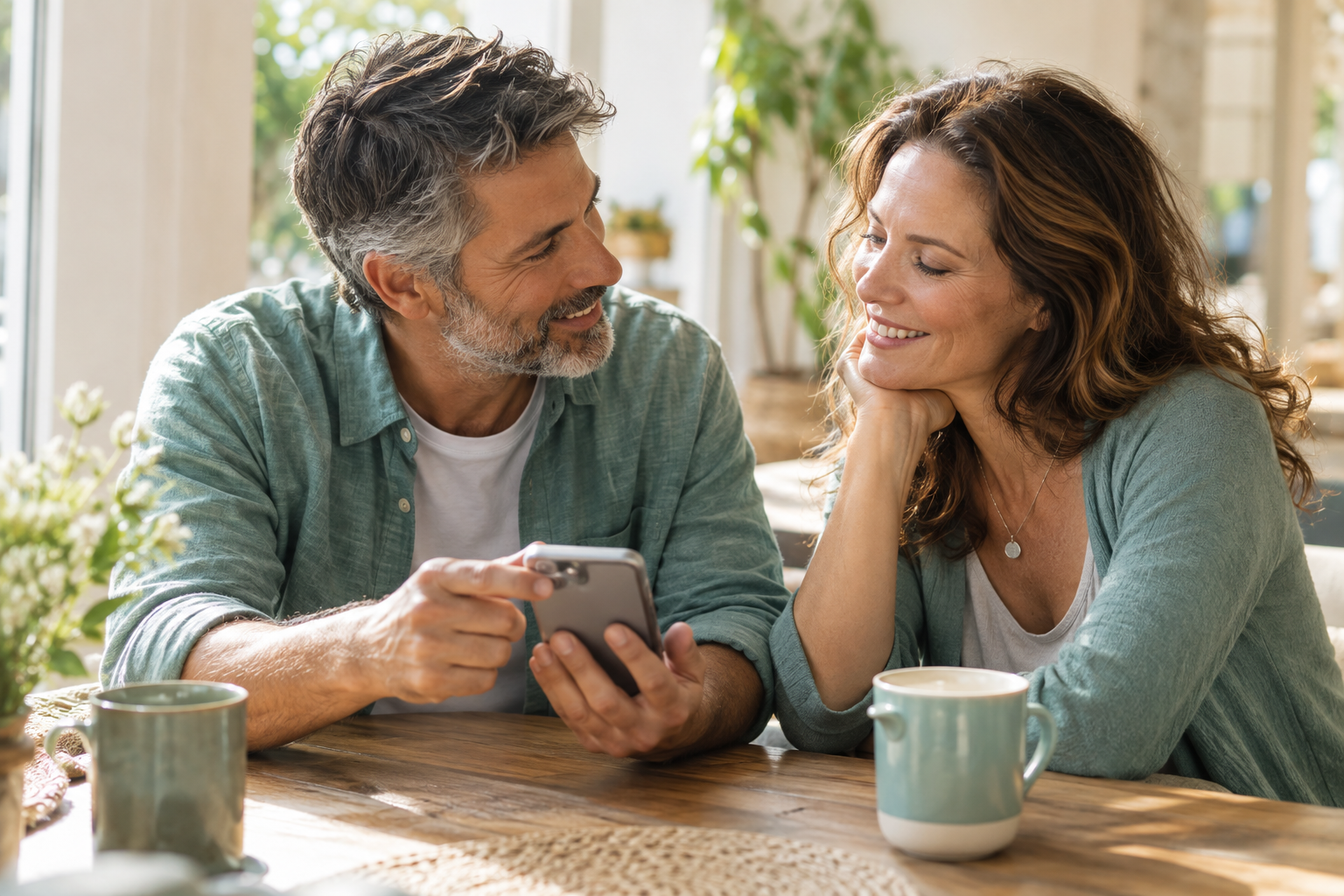 Two friends sharing a thoughtful invitation on a phone