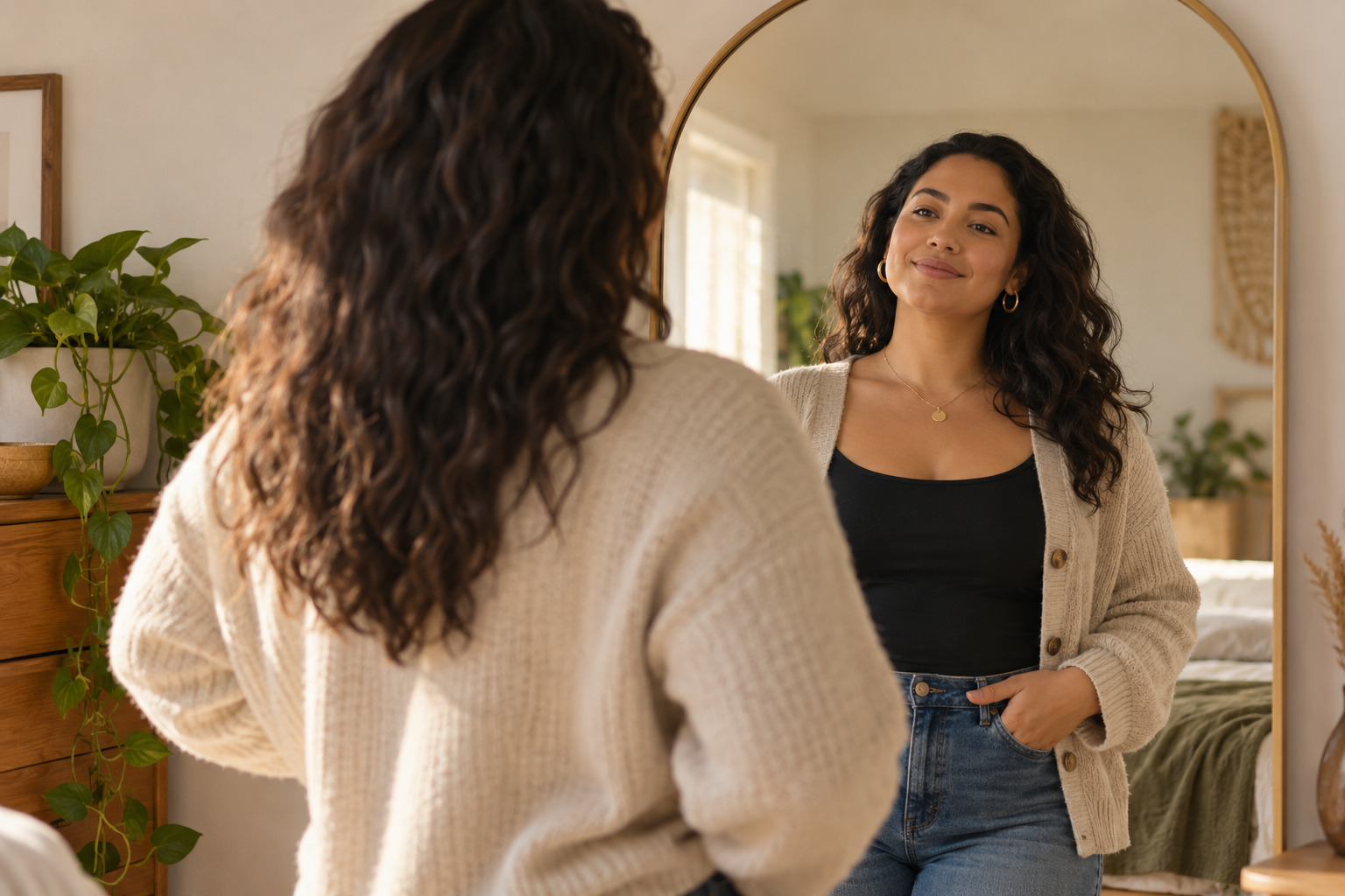 An adult looking in a mirror with calm self-acceptance