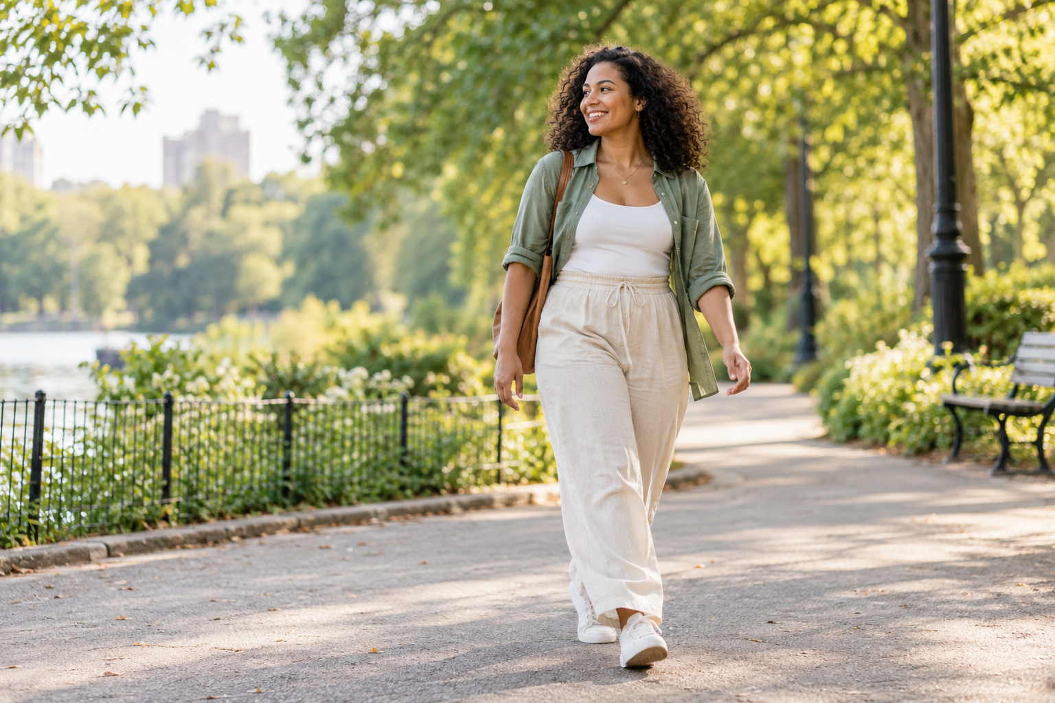 An adult walking outdoors with ease and relaxed posture