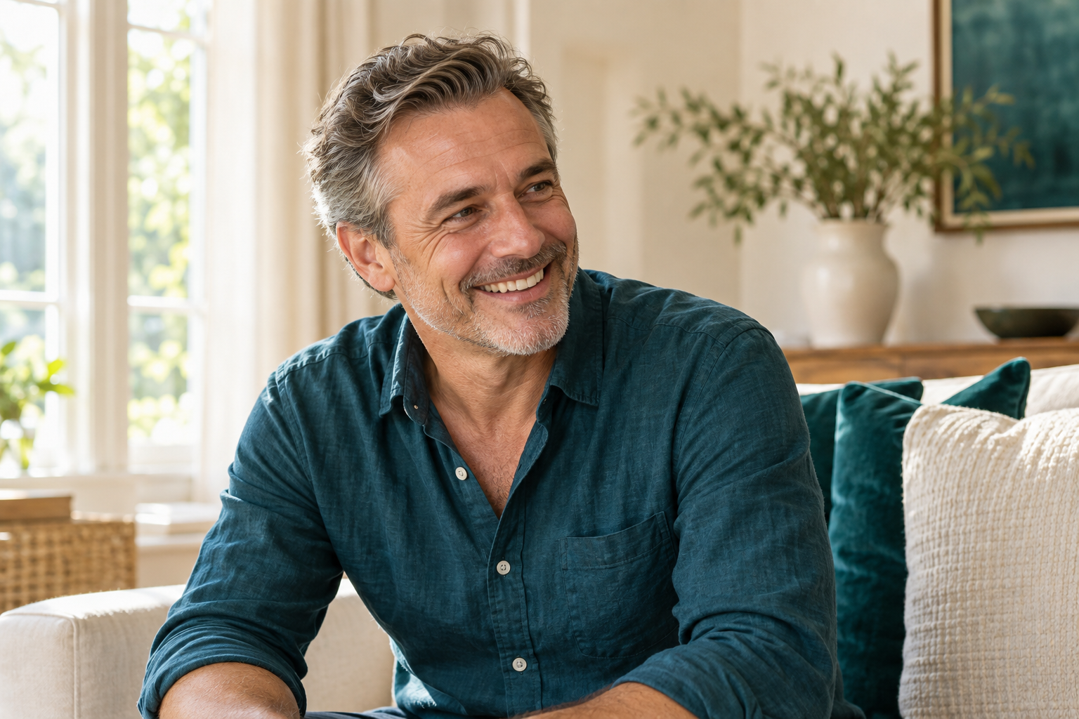 A man sharing a warm, natural smile in a sunlit home